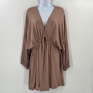 Three Bird Nest XL Pink Soft Stretch Knit Long Sleeve Open Back Boho Mini Dress